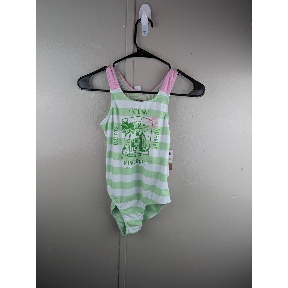 Minecraft Girls One Piece Swimsuit Green White Striped Creeper Graphic 10/12 NWT